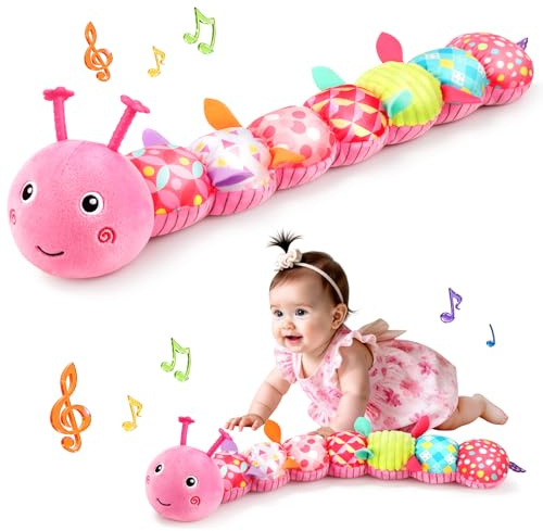 Baby Toys Musical Caterpillar, Infant Stuffed Animal for 0-6 6-12 Months with Crinkle and Rattles, Tummy Time Sensory Toys Newborn Boys Girls Gifts 0 3 6 9 12 Months - Pink