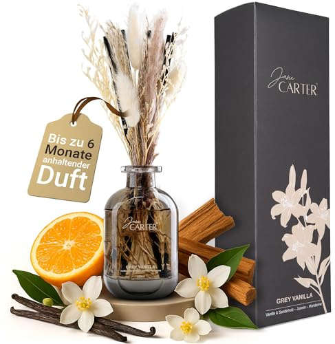 Jane CARTER® - Raumduft 'Grey Vanilla' 150ml - Home Fragrance mit Duftstäbchen - Raumduft Stäbchen schwarz - Sandelholz & Vanille, Jasmin & Mandarine - Reed Diffuser