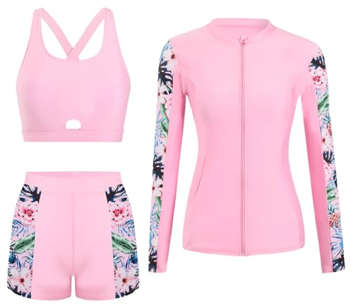 SEAUR 3-delad Rash Guard dam långärmad baddräkt solskydd badmode rashguard skjortor bikiniöverdel badshorts – S–XXL, ROSA, S