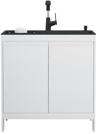 Lavandino per Lavanderia con mobiletto, lavello in Acciaio Inox con mobiletto, Grande mobiletto da Cucina Indipendente con Rubinetto Estraibile e Gruppo di Scarico, per Bagno, Garage, vasche