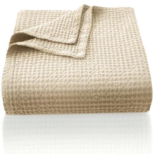 CHUFFED - Manta 100% algodón tejido gofre, 220x240cm, suave, ligera, cobija de uso todo el año, capa perfecta para sofá, cama y sillón, elegante decoración del hogar, tamaño Queen, color caqui