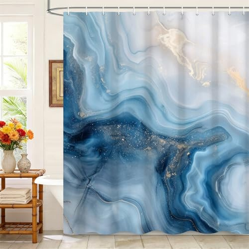 Kzzfqxb 180x200cm Tende da doccia con ganci in plastica, impermeabile occluso blu dorato marmo lattiginoso flusso d'acqua onda moderna arte modello per Vasca, tessuto in poliestere per Bagno