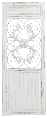 Posiwio dekorative Wanddeko Wandobjekt aus Holz mit schnörkeligem Metallgitter shabby weiß im Landhausstil (Motiv mittig)