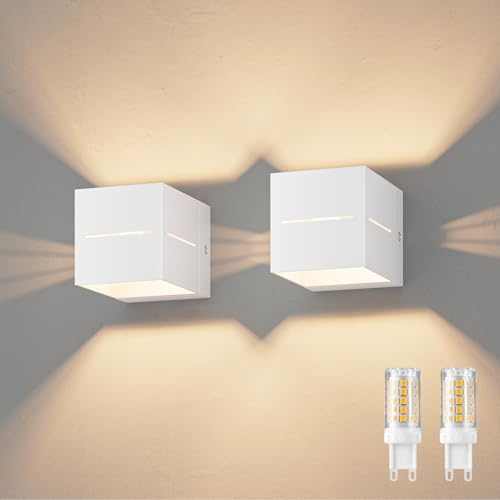 Klighten 2 Pezzi 5W Lampade da Parete per Interni Bianco Caldo 3000K Applique da Parete Con G9 Lampadina Sostituibile, per Portico, Scala, Corridoio,Balcone (Bianco)
