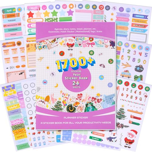 Huiguli 24 Fogli 1700+ Pezzi Stickers Bullet Journal, Stickers Adesivi Agenda, Mensile, Settimanale,Giornaliero, Adesivi Agenda Planner, per Calendari, Vacanze, Fai da Te Regalo Artigianato Taccuino