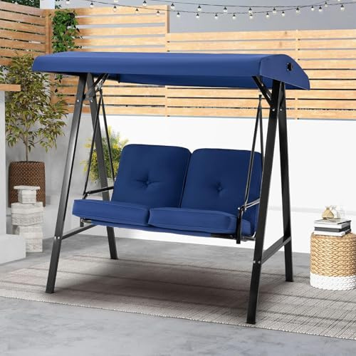 UNIONLINE 2 Seater Garden Swing Chair, Outdoor Swing Chairs Thick Padded Seat with Adjustable Tilting Canopy, Hammock Chair Bench For Garden/Balcony/Terrace/Patio(Blue)
