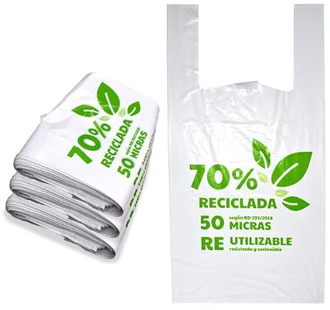 100 unds Bolsas Recicladas 70%, 50 Micras, Reutilizables para Alimentos, Impermeables con Colgador, Color Blanco 28x50cm
