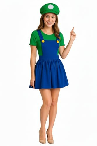 Komonee M L Halloween Fancy Dress Up Womens Adults Outfit Hat Red Blue Plumber Overalls Costume Halloween Retro Classic Video Game Gamer Cosplay