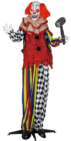 Outsunny Halloween Dekoration, 173 cm Halloween Clown mit leuchtenden Augen, beweglichen geräuschaktivierten Arme Kopf, Garten Dekofigur mit Hammer, gruseligem Sound, für Party Spukhaus Requisite