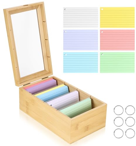 Viitech A7 Karteikarten Box mit 300 Stück Haftnotizen, 25*15*10cm Karteikasten Holz mit 4 Ablagefächern und Transparenter Deckel, Karteikarten Holzbox für Büro Schulen und Heim (Inklusive Index Cards)