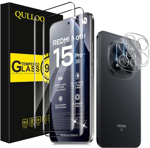 QULLOO Protector de Pantalla para Xiaomi Redmi Note 15 Pro Plus/Note 15 Pro+ 5G, 2 Piezas Cristal Templado y 2 Piezas Protector de Lente de Cámara, Dureza 9H Ultra Resistente Vidrio Templado