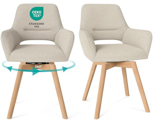 JIJIAN Juego de 2 Sillas de Comedor Giratorias 360° con Reposabrazos | Silla Acolchada con Patas de Haya, para Salón, Cocina, Dormitorio y Estudio, Caqui