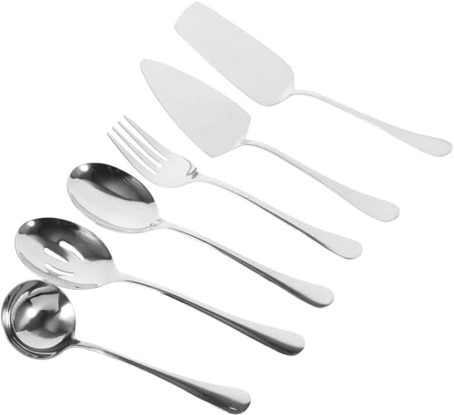STOBAZA Ustensiles de Service Comprenant Grosse Cuillère, Fourchette et Cuillères de Service Set de 6 en Acier Inoxydable Argenté Élégant et Solide pour Usage Quotidien la Maison