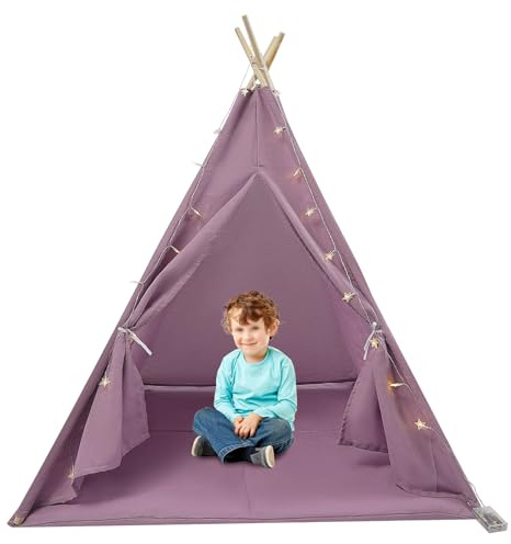 Tipi Tienda de campaña para niños, 120 x 120 x 140 cm, de algodón con alfombra, cadena de luces, estrellas luminosas, casa de juegos plegable para interior o exterior (morado)