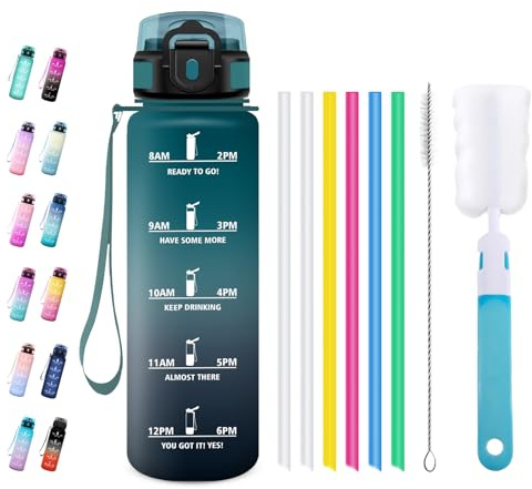 JAPORIA Wasserflasche 1L, Trinkflasche mit Strohhalm, Auslaufsicher, mit Zeitmarkierung, Kohlensäure Geeignet, Sportflasche für Sprudel, Klettern
