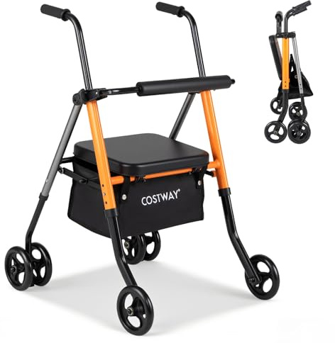 COSTWAY Rollator Faltbar und Leicht mit Sitz, Gehhilfe mit Stauraum & verstellbarer Griffhöhe, höhenverstellbar, bis 136 kg, 2 in 1 Rollstuhl & Reiserollator, Aluminium und Metall, Gehwagen Outdoor