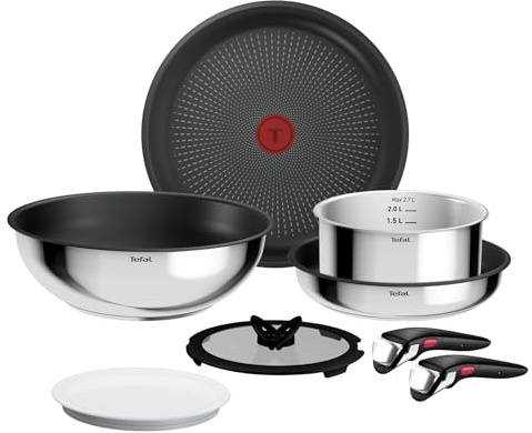 Tefal - Ingenio Comfort Max Batterie de cuisine Acier Inoxydable - 8 pièces | Poêle et casserole induction empilables - Gain de place 70% - Poignée amovible robuste - Cuisson polyvalente four et plaque