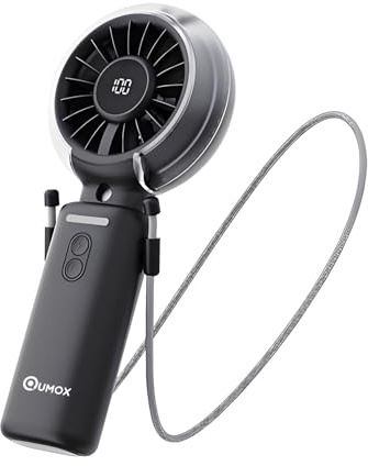QUMOX Ventilatore Portatile con Nebulizzatore, Mini USB Ricaricabile Pieghevole con Display Batteria Digitale, 3 Velocità, Ventilatore da Mano e da Tavolo per Ufficio, Viaggio,Spiaggia Estate (Nero)