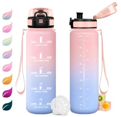 JAPORIA Botella de Agua 1L, Cantimplora con Filtro, Reutilizable, Apta para Bebidas Carbonatadas, Botella Agua Motivacional a Prueba de Fugas para Deporte, Bicicleta, Gimnasio, Running