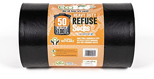 EcoBag - Extra Strong Heavy Duty Refuse Sacks - Recyclable Bin Bags, Leak Resistant, Eco-Friendly, Durable Waste Disposal Bags for Household & Commercial Use, 30 Micron (Μm) /100l