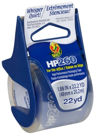 Duck Hochleistungs-Verpackungsband mit Abroller – HP260 starkes Verpackungsklebeband für Versand, Umzug, Versand und Kartons, 4,7 cm x 22,2 m, 3,8 cm Kern, transparent (920352)
