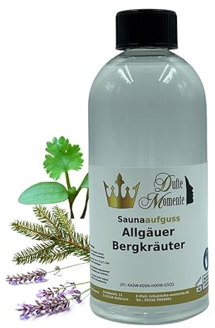Dufte Momente | Sauna Aufguss Konzentrat Allgäuer Bergkräuter 500ml | naturreine und natürliche ätherische Öle | für Finnische Sauna, Banja, Biosauna, Sanarium, … | vegan und ohne Tierversuche