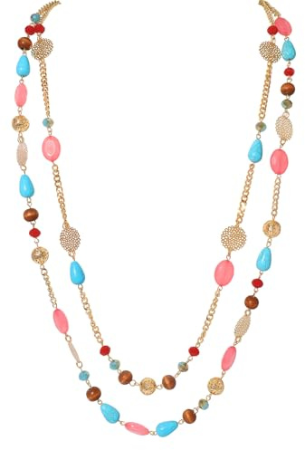 Bocar Layered Beaded Long Statement Necklace P-NK-10084 | Silver chain crystal beads chunky costume jewellery sweater pendant, nice gift for women ladies daily and party wear