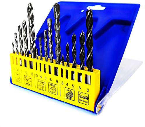 S&R Punte Trapano Miste. Set 15 Punte per Muro Cemento Ferro Metallo HSS e Legno. Codolo rotondo per Trapani e Avvitatori Professionali di Tutte le Marche.