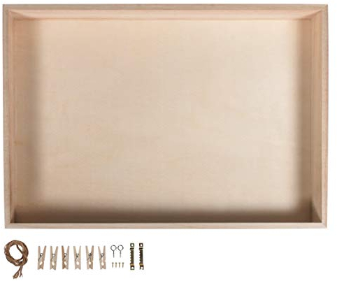 Rayher Hobby Rayher 62817000 Holz-Rahmen mit Holz-Rückwand, 36x25 cm, Tiefe 5 cm, mit Kordel, Aufhänger, Schrauben, Klammern für Dekorationen, ohne Glas, Beige, Groß