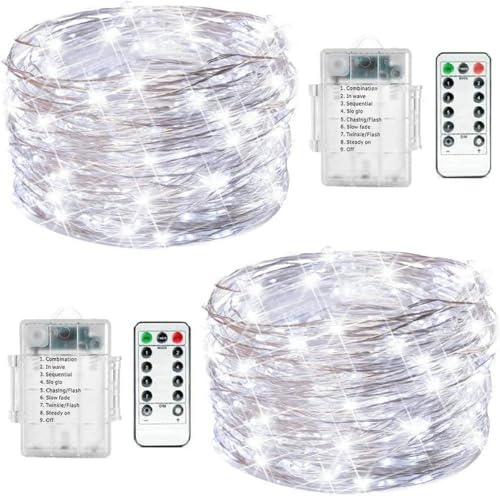 FANSIR Fairy String Lights, 2 Set Total 66ft 200 Led Fairy Lights Battery Operated Silver Wire Light with Remote 8 Modes Waterproof Light for Home Bedroom Party Christmas Tree Decor (Cool White)