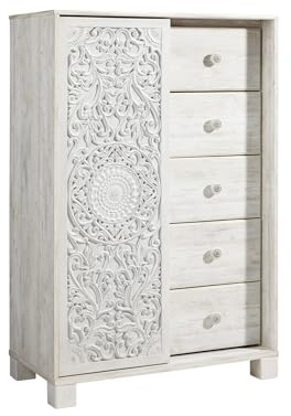 Signature Design by Ashley Paxberry Boho 5 Drawer Dressing Chest with Slider Door & 3 Adjustable Shelves, Whitewash