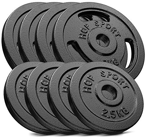 Hop-Sport Gusseisen Hantelscheiben Set 30 kg (4 x 2.5 kg, 4 x 5 kg) mit 31 mm Lochdurchmesser, ideal für Standard 30mm Langhantelstangen, Robuste Gewichtsscheiben für Fitness- und Krafttraining