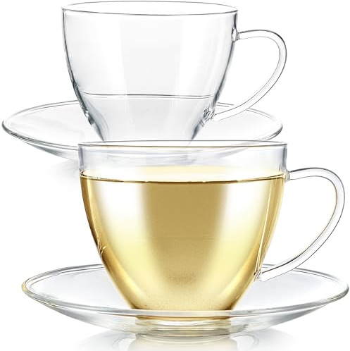 Teabloom Royal - Juego de tazas de té y platillo (2 unidades, tamaño grande, capacidad de 350 ml, diseño clásico, cristal de borosilicato, duradero y resistente al calor