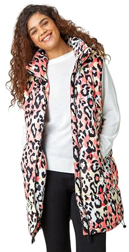 Roman Quilted Gilet with Hood for Women UK Ladies Sleeveless Coat Hooded Jacket Padded Bodywarmer Winter Lightweight Warm Autumn Funnel Neck Longline Soft Bubbly Coral