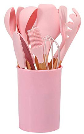 Utensilios Cocina,12 unids/Set Utensilios de Cocina de Silicona Herramienta de Cocina Pala Antiadherente Cuchara Cepillo de Aceite batidor de Huevos Juego de Utensilios de cocina-12 Piezas Rosa