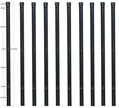 10x Metallzaunpfosten Ø34 mm, 120 cm, Pulverbeschichtet Anthrazit RAL 7016, inkl. 3 Spanndrahthalter & Pfostenkappe, für Maschendrahtzaun, Garten, Tiergehege, Grundstücksbegrenzung