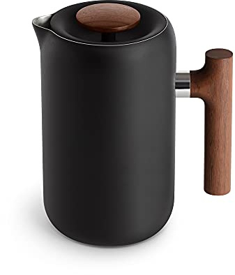 Fellow Clara Isolierende French Press – Tragbare Kaffee-Presse aus Edelstahl, isolierende Hand-Presse, Mattschwarz mit Walnuss, 680 g Karaffe
