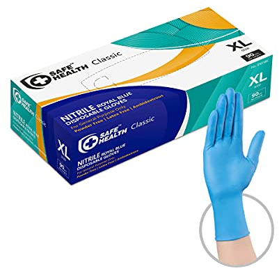 Safe Health Nitrile Disposable Gloves Extra Large Latex Free, Powder Free, Textured 3.5 mil Industrial, Food Safe, Janitorial, Tattoo, Law Enforcement, Pet Care, Service, Cleaning XL Blue (Box of 90)