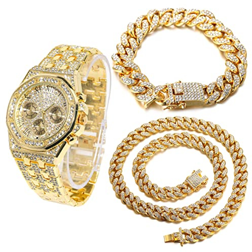 HALUKAKAH Diamant Montre en Or, Hommes Plaqué Or Réel 18K 40MM Large Chiffres Romains Cadran Quartz Bracelet 22cm avec Lien Cubain Chaîne 20+45cm Collier Bracelet Set, avec Boite Cadeau