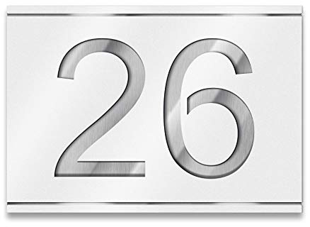 Metzler Hausnummer aus Edelstahl, individuelles Hausnummernschild in Verkehrsweiß RAL 9016 mit ausgelaserter Hausnummer. Rostfrei, 3D-Effekt, inkl. Beschriftung, Made in Germany, Größe: 25 x 17,5 cm