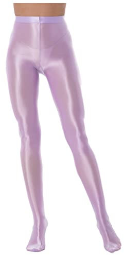 Mufeng Damen Nylon Strumpfhosen Glänzend Leggings Strümpfe mit Fußteil Tanzstrumpfhose Lange Hose Slim Fit Leggins Reizwäsche A Hell Lila L
