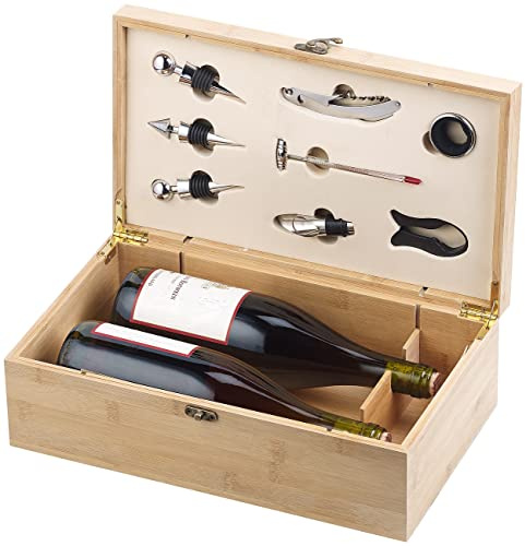 Carlo Milano Weinflaschenverpackung: 9-teiliges Sommelier-Set in edler Holz-Geschenkbox für 2 Weinflaschen (Weinbox, Wein-Geschenkverpackung, Flasche)