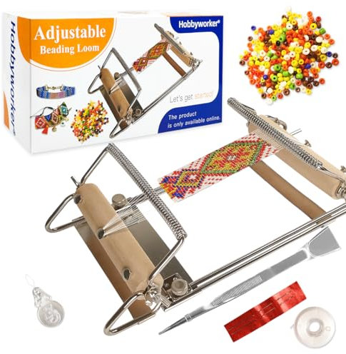 hobbyworker Perlenwebstuhl-Set der dritten Generation mit Rocailles, Nadel, Faden, Einfädler, Perlenschaufel und Bedienungsanleitung (evtl. nicht in deutscher Sprache) – Perlenwebstühle für
