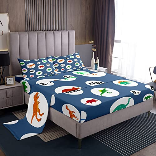 Loussiesd Juego de sábanas de Dinosaurio de Dibujos Animados para niños, sábanas de Dinosaurio Azul Marino para niños pequeños, sábanas de Cama de Dinosaurios Coloridos, Juego de Cama de Animales Lin