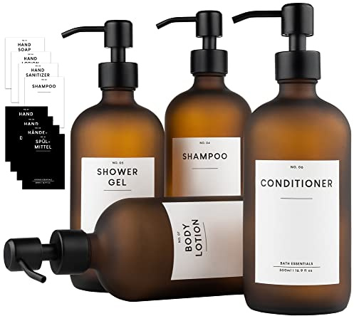MONOKO 4er Set Seifenspender Braun Matt aus Glas | 500ml Shampoo Flaschen zum Befüllen | Spülmittelspender Küche | Spender Pumpkopf Edelstahl | Pumpflasche + Aufkleber