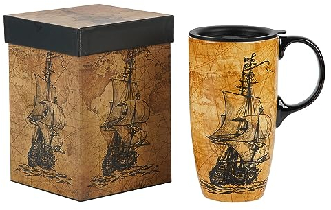 DUSVALLY Ceramic Mug Coffee Cup with Sealed Lid and Gift Box Latte Mug with Handle for Home and Office 17oz.Sailboat