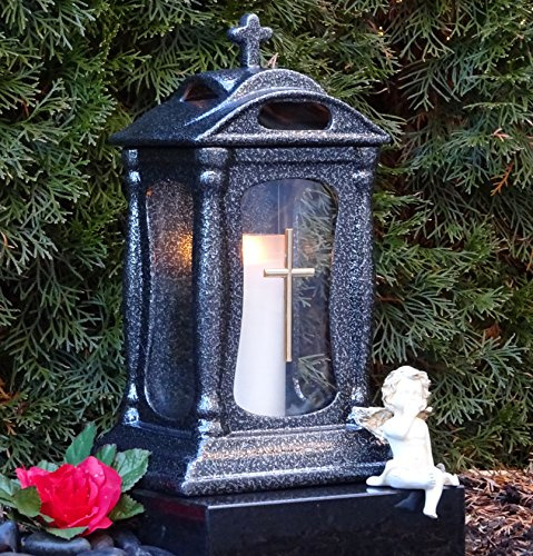 Grablaterne Basilika Massiv Grablampe Silber 30,0cm mit Kreuz Grablicht Grabschmuck Kerze Grabkerze Grableuchte Lampe Laterne Licht Kerze Friedhof Garten Grabdekoration Grabdeko