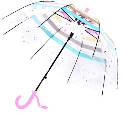 Meichoon Kinder gewölbter Regenschirm Langer Griff Push-Pull Offene Regenbogenstreifen Niedliche Wolken Easy Grip Griff Faserrahmen geeignet für Jungen und Mädchen im Alter von 3-10