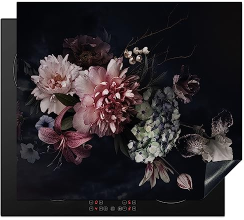 KitchenYeah© Herdabdeckplatte Einteilig Herdabdeckung Abdeckplatte für Ceranfeld Abdeckung Induktionskochfeld Aufrollbare Matte Blumen - Pink - Vintage - Pastell - Rosa - Schwarz - 60x52 cm