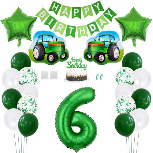 Daimay Traktor Geburtstag Deko 6 Jahre Auto Foil Balloon Happy Birthday Banner Trecker Luftballons Bauernhof Geburtstagsdeko Grün Folienballon Traktor Bagger Tortendeko für Jungen Party Dekoration